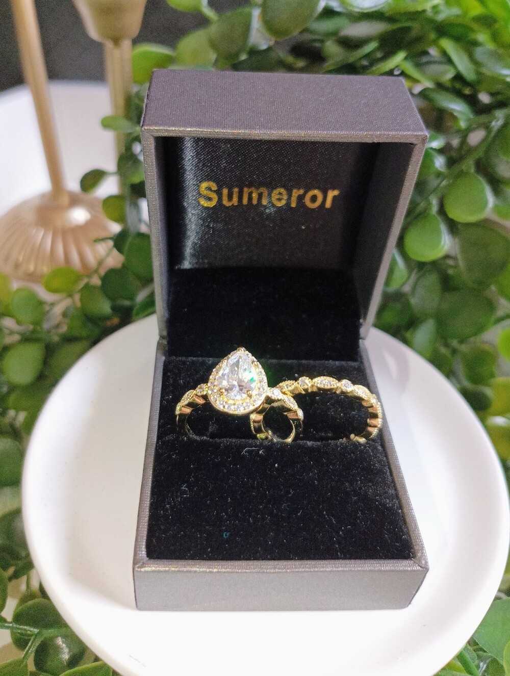 Gold Pear Cut Halo Ring Set Sterling Silver 925 Stackable Bridal Style Size 8.5